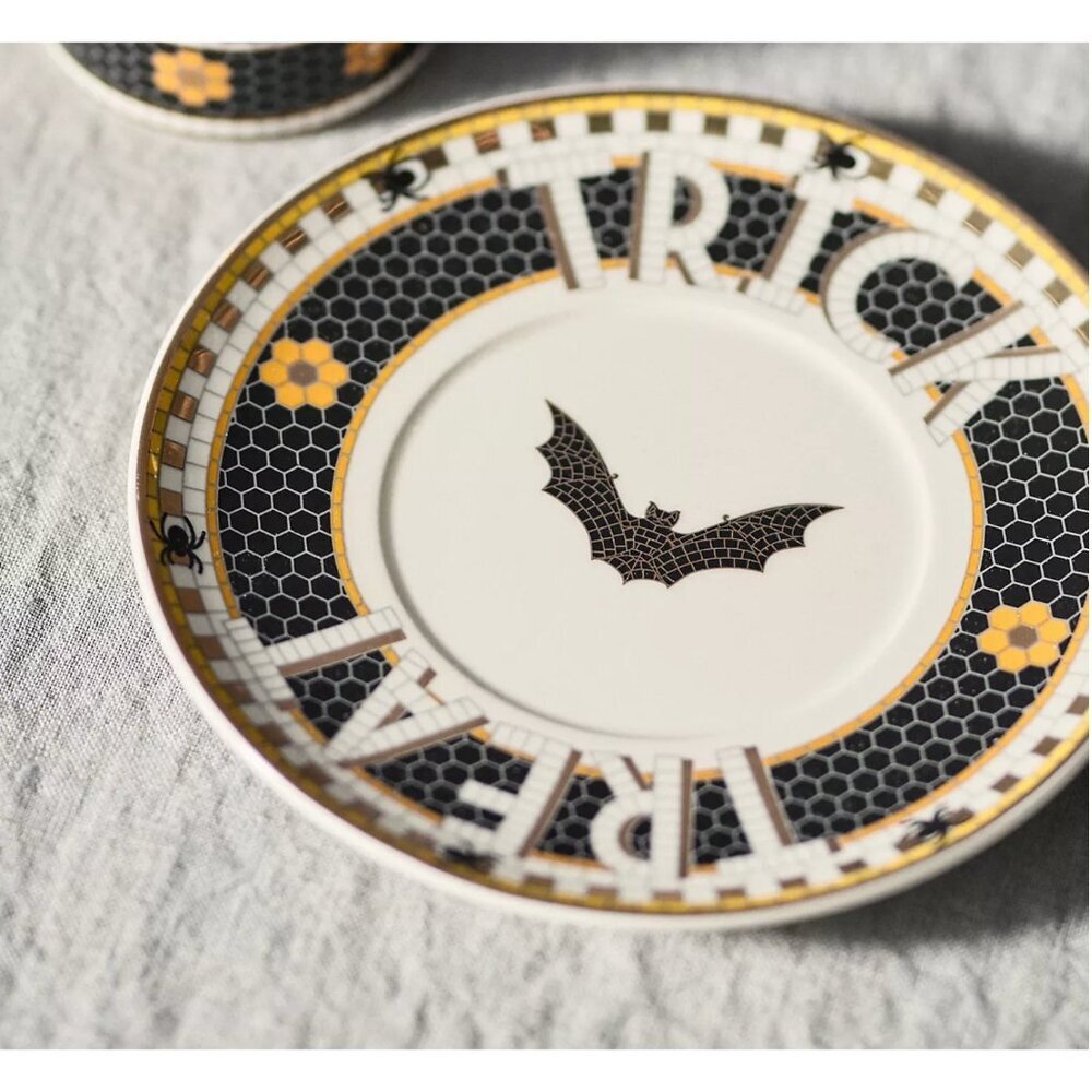 Anthropologie Bistro Collection Halloween Espresso cup Saucer Plates X2